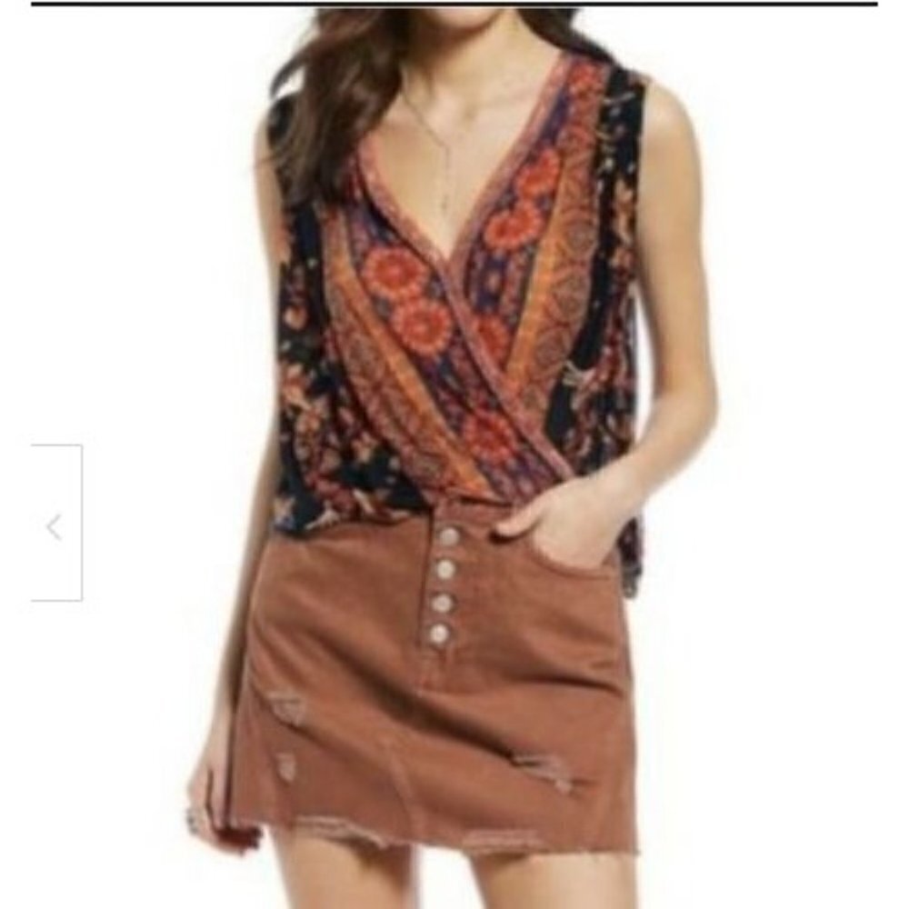 We The Free Free People Deconstructed Denim Mini Skirt Rust Burnt Orange